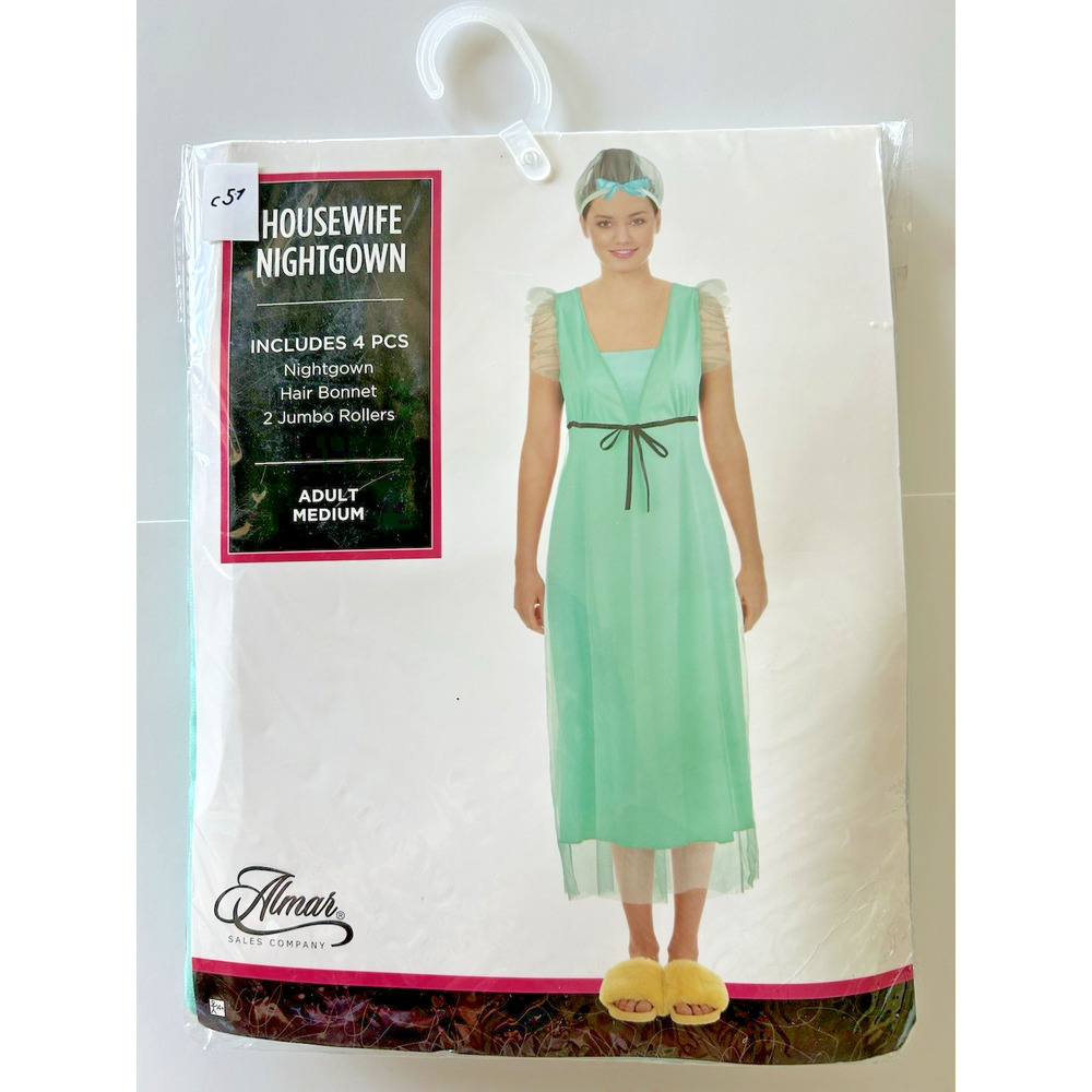 Housewife Nightgown Costume Adult Size Medium 8-10 Gown Hair Net & Rollers